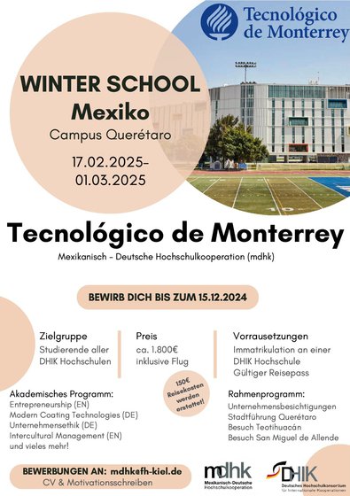 Das Poster gibt an, dass vom 17.02.-01.03.2025 eine Winter School in Mexiko stattfindet, Kostenpunkt ca. 1800 Euro, Bewerbungsfrist 15.12.2025. 