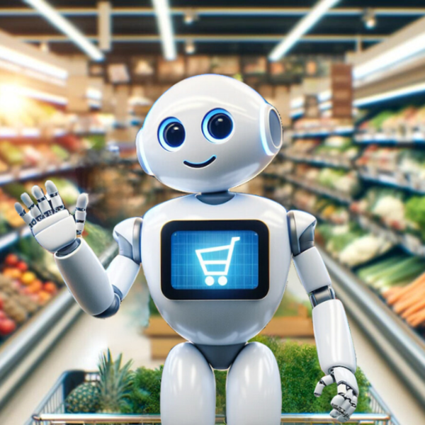 kleiner Roboter in der Obst- und Gemüseabteilung des Supermarkts