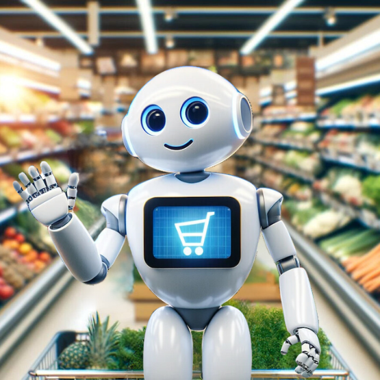 kleiner Roboter in der Obst- und Gemüseabteilung des Supermarkts