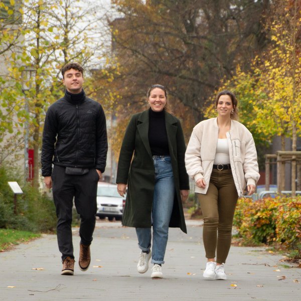 Drei Menschen, die einen gepflasterten Weg entlanggehen