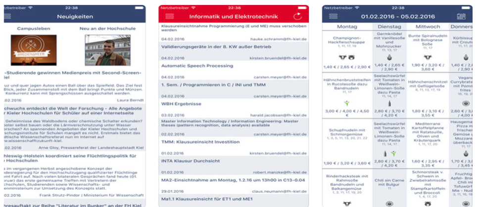 Vier screens zeigen die Möglichkeiten auf, sich zu organisieren und auf dem Laufenden zu halten.