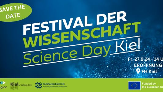 Grafik mit einem Save the Date für den Science Day 2024 am 27.09.2024 mit Eröffnung an der FH Kiel
