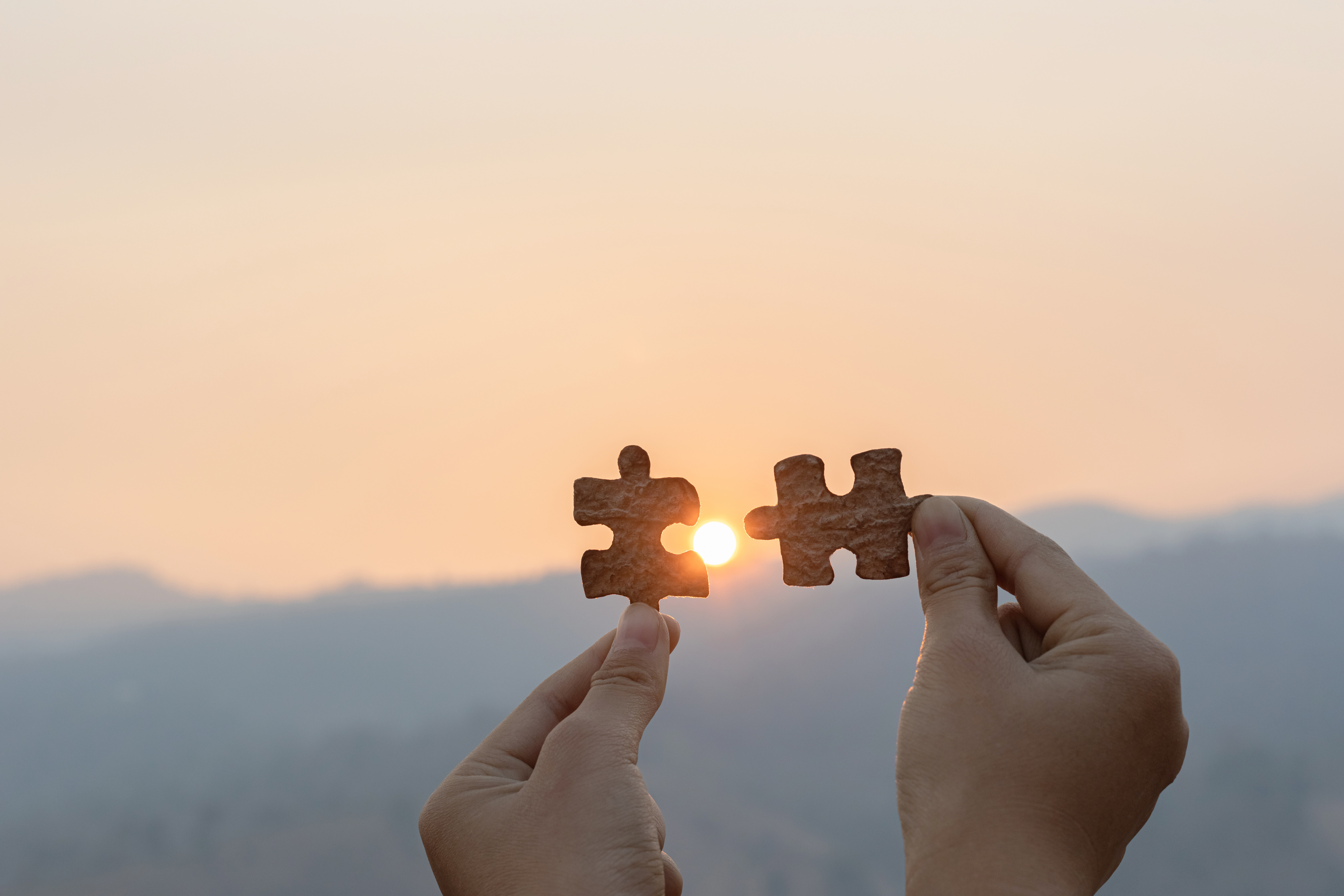 zwei Hände halten je ein Puzzleteil in die Sonne