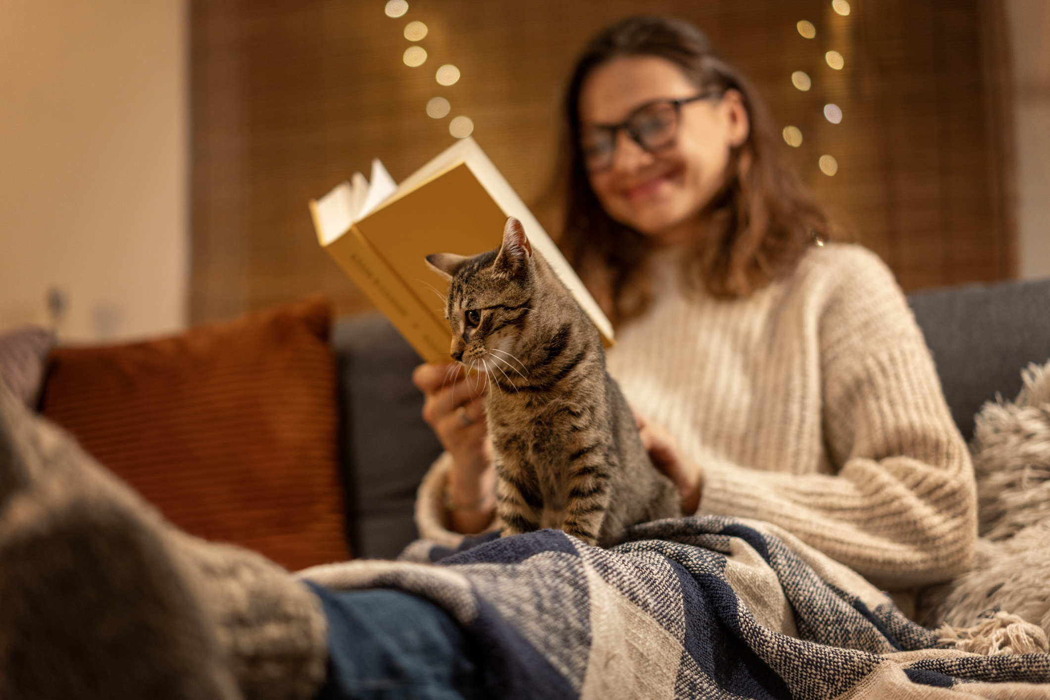 eine Frau auf der Couch liest in einem Buch, davor sitzt eine Katze